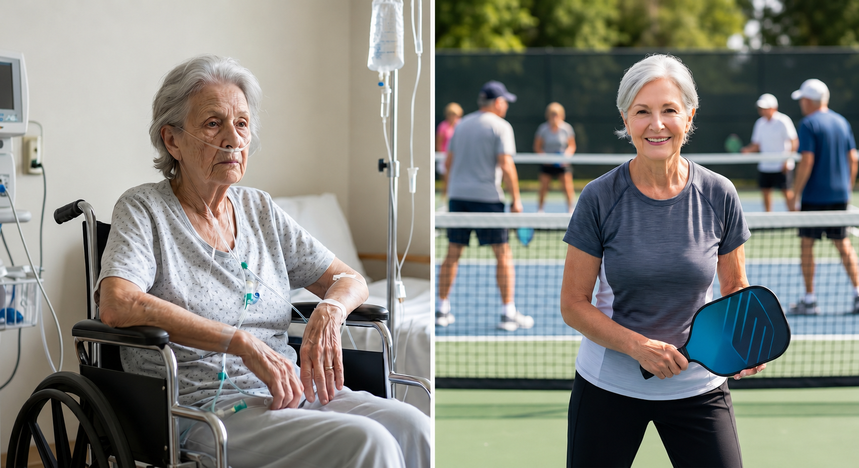 Before: Woman in wheelchair with IV tubes. After: Same woman standing on a pickleball court holding a paddle.